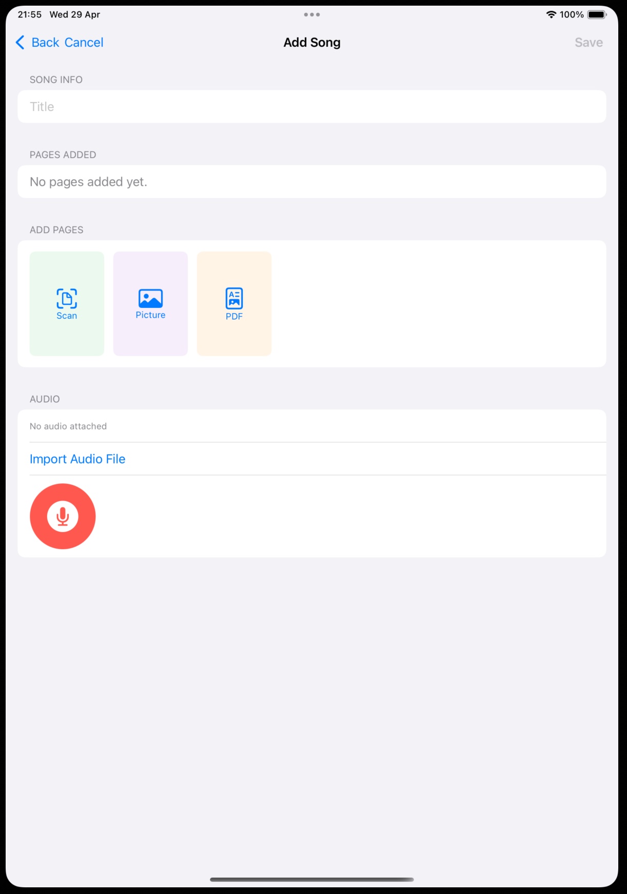 MusDis Add Song / Import Screen