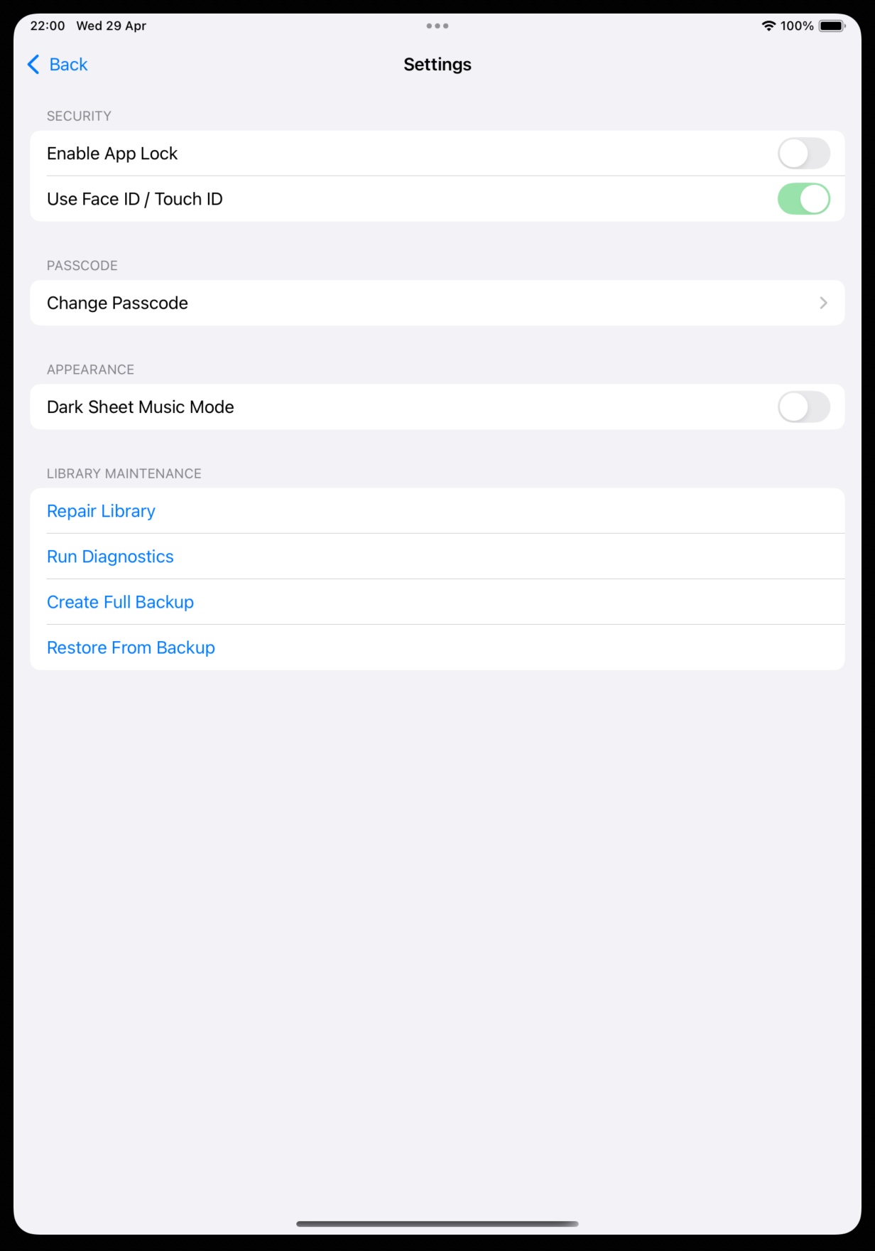 MusDis Settings Screen